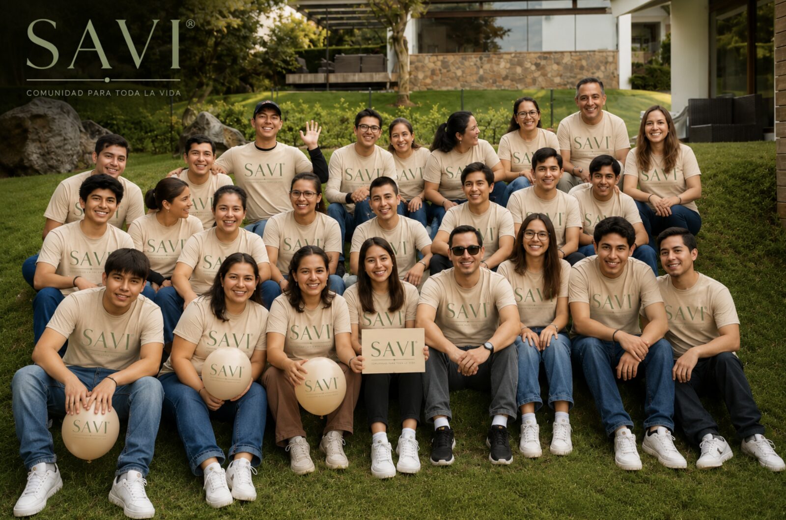 Equipo de Minuvi reunido al aire libre con playeras de la comunidad.
